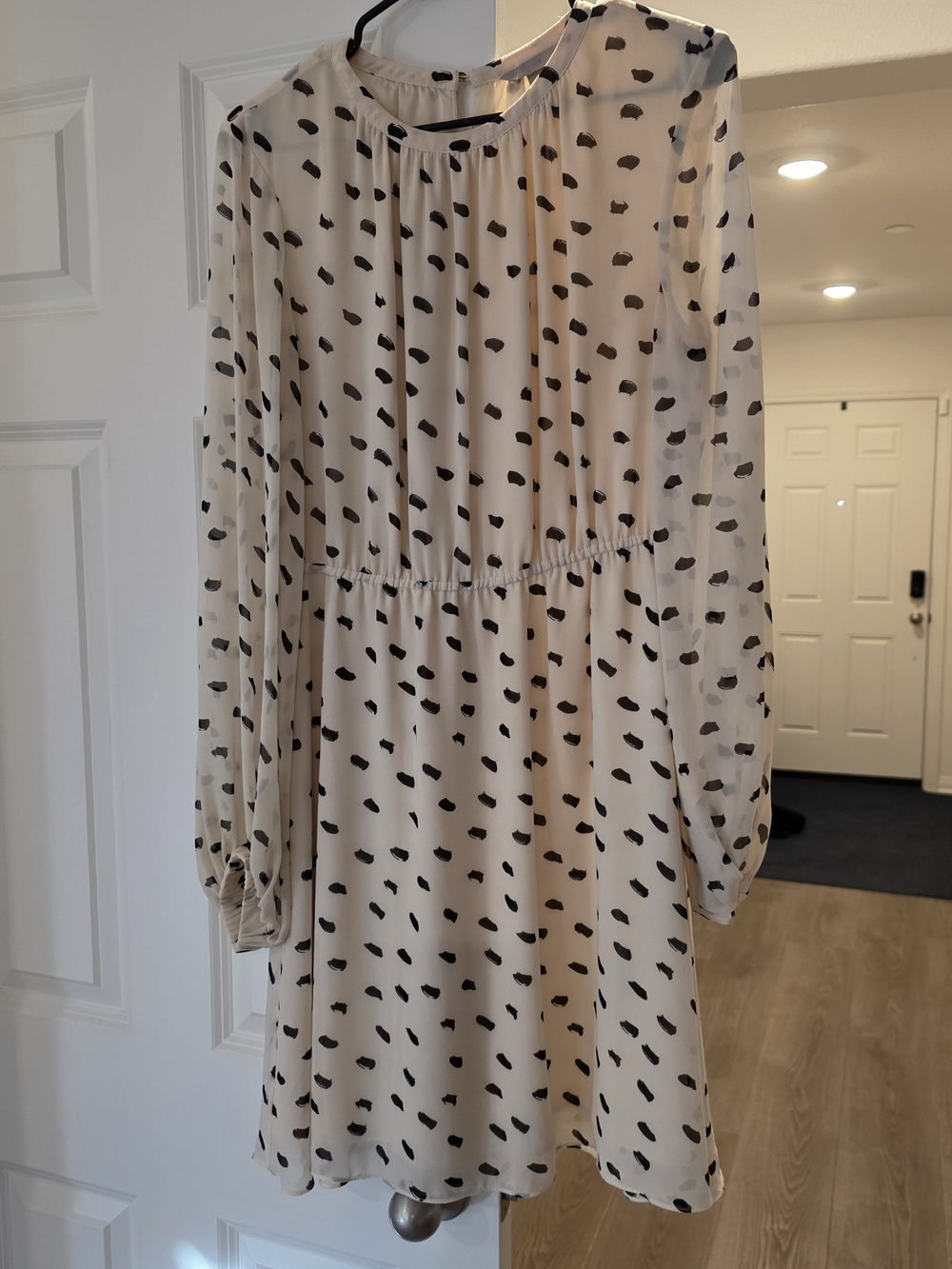 H&M Cream Long-Sleeve Printed Tiered Dress with Black Spot Print